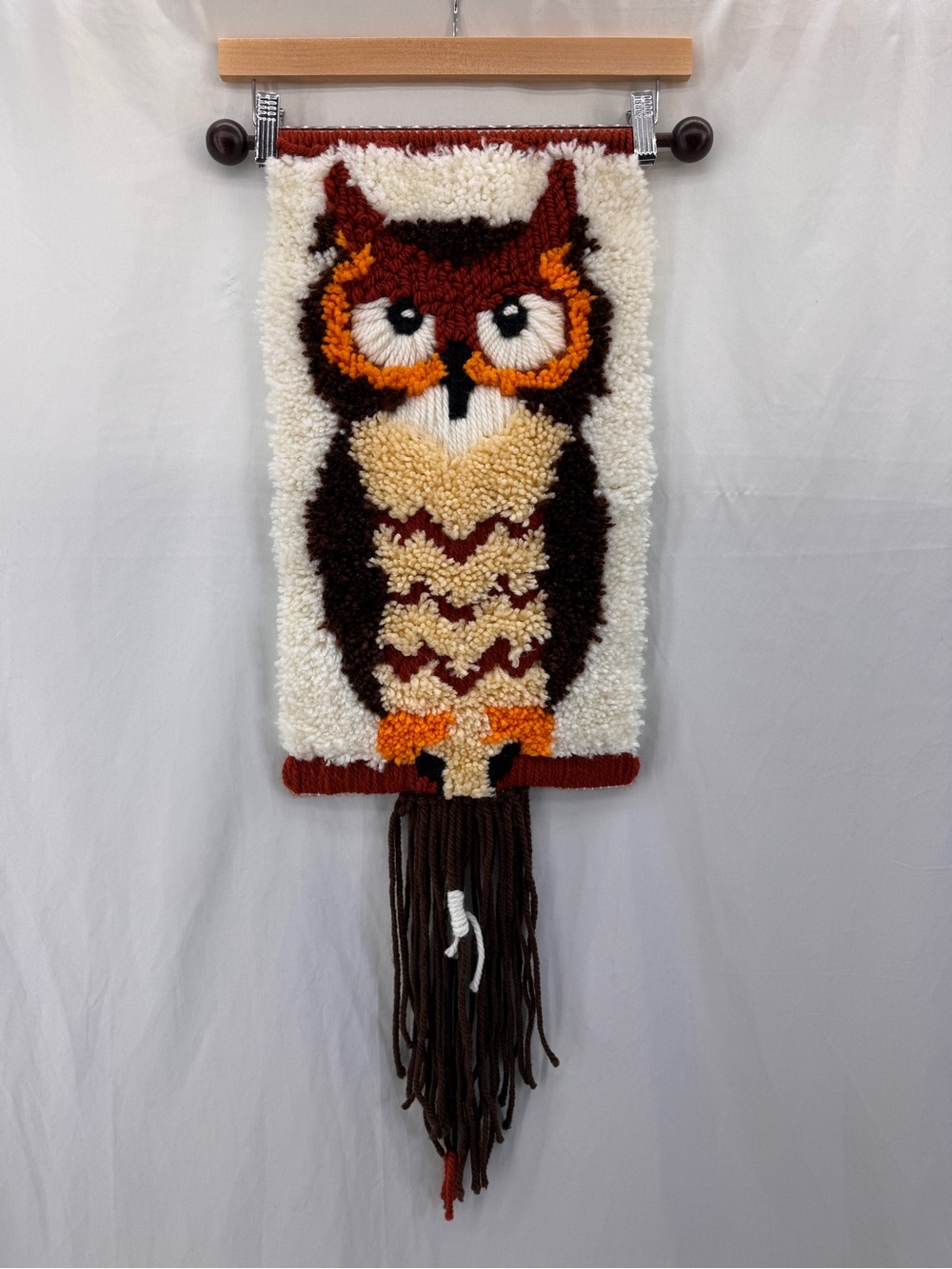 Vintage 70’s MCM Owl Latch Hook Wall Hanging Handmade Wool Yarn Boho Hippie